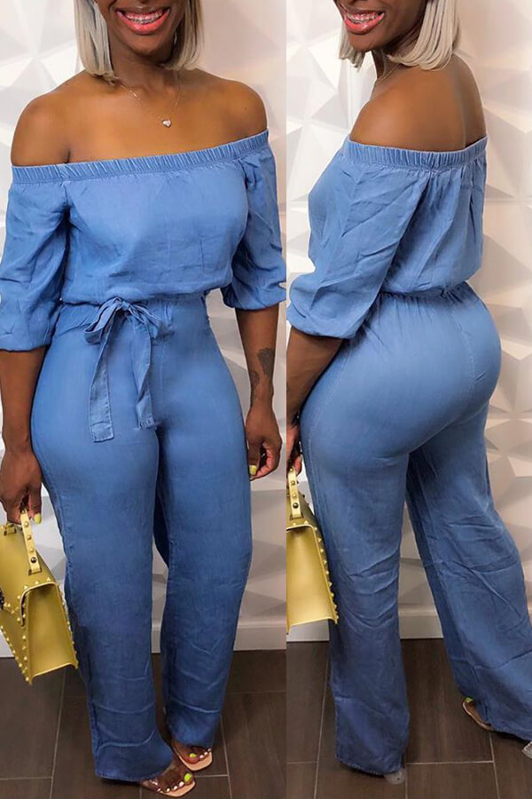 Lovely Leisure Dew Shoulder Baby Blue One-piece Jumpsuit_Jumpsuit ...