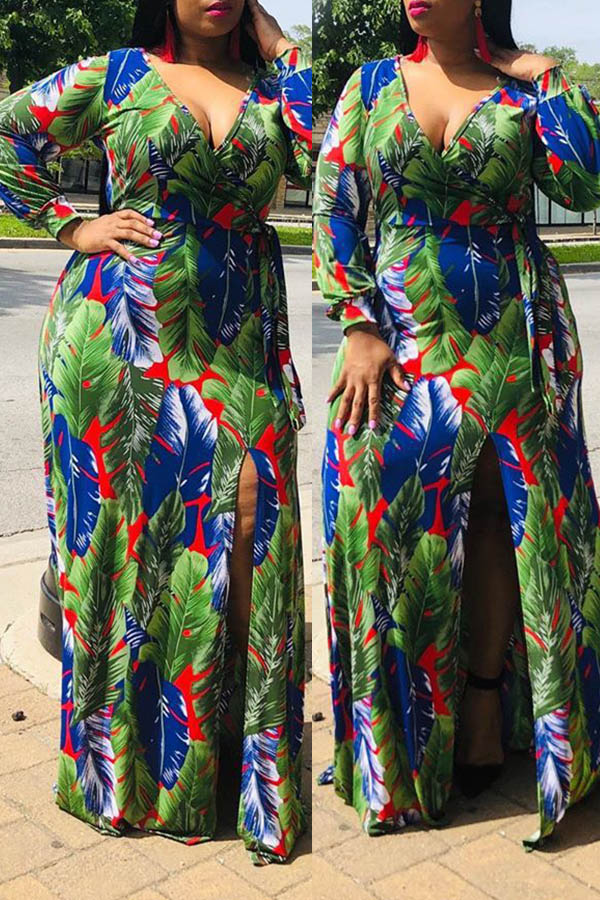 

Lovely Bohemian Print Green Ankle Length Plus Size Dress