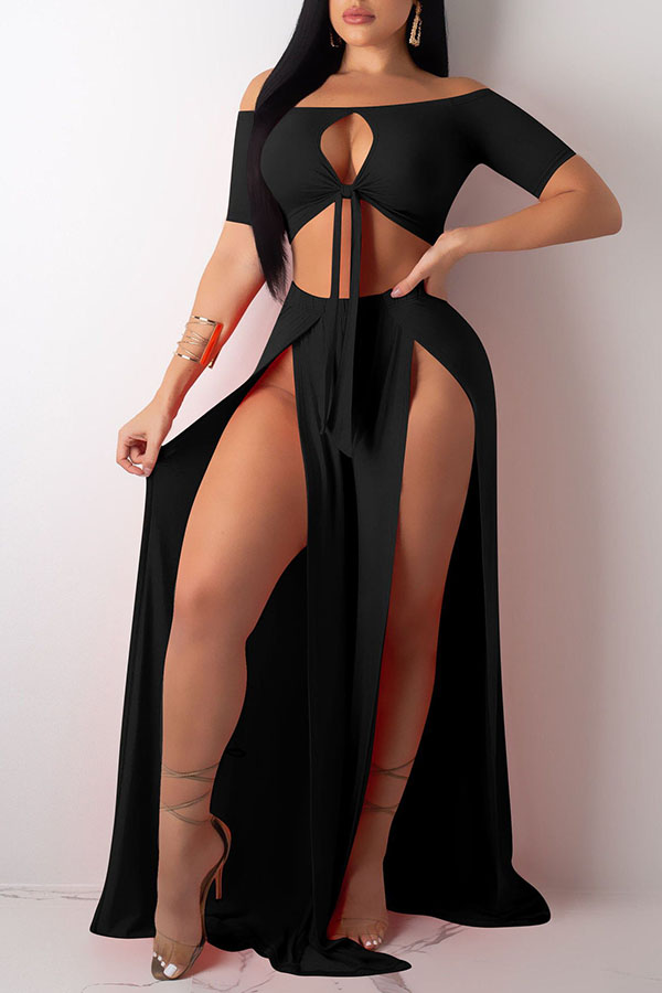 

Lovely Sexy Side High Slit Black Two-piece Skirt Set