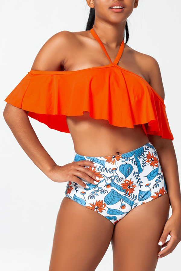 

Lovely Flounce Design Orange Two-piece Swimsuit