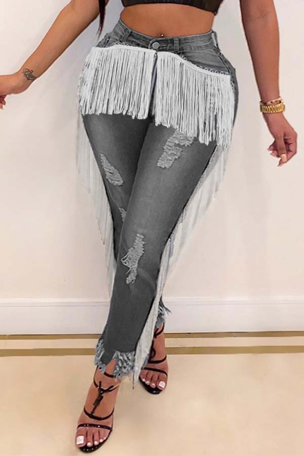 

Lovely Casual Tassel Design Black Jeans