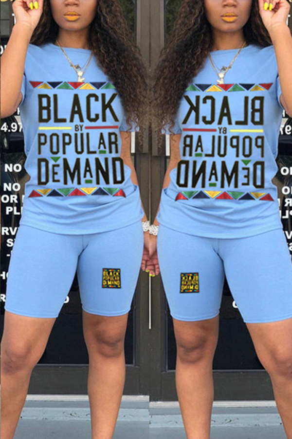 

Lovely Casual Letter Print Blue Two-piece Shorts Set