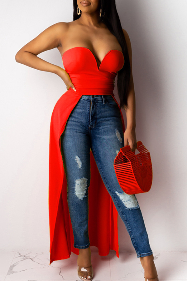 

Lovely Stylish Dew Shoulder Asymmetrical Red Blouse