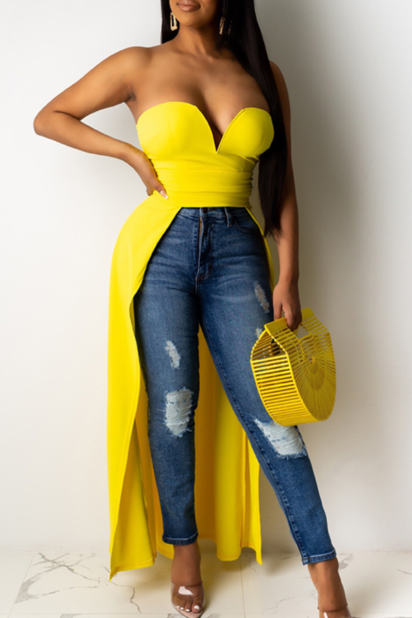 

Lovely Stylish Dew Shoulder Asymmetrical Yellow Blouse