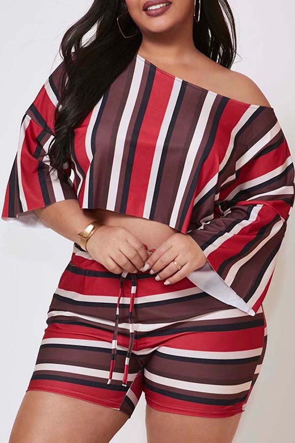 

Lovely Leisure Striped Multicolor Plus Size Two-piece Shorts Set, Multi