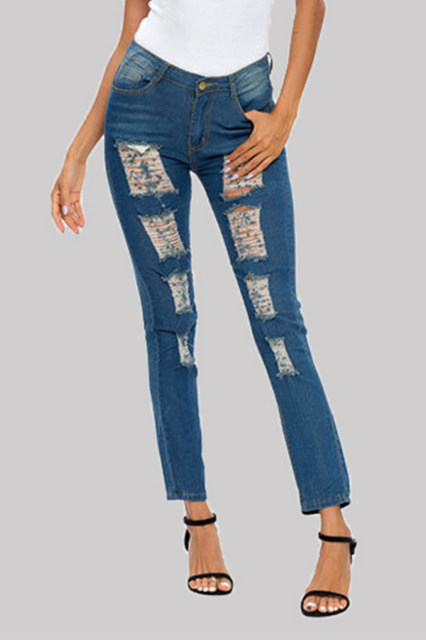 

Lovely Casual Broken Holes Deep Blue Jeans