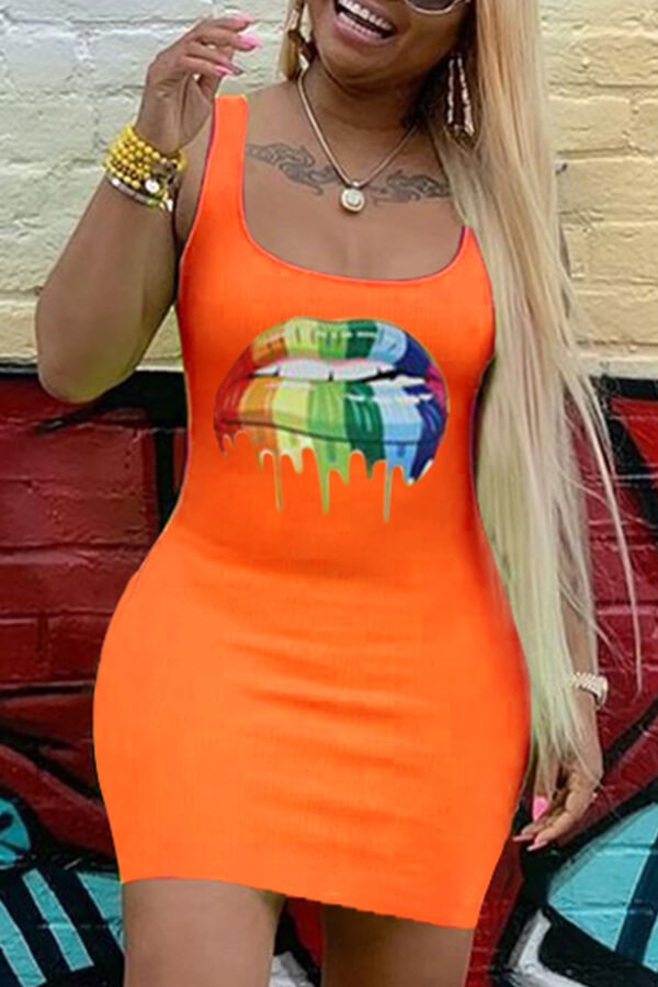Lovely Casual Lip Print Orange Mini Dress_Daily Dress_Dresses