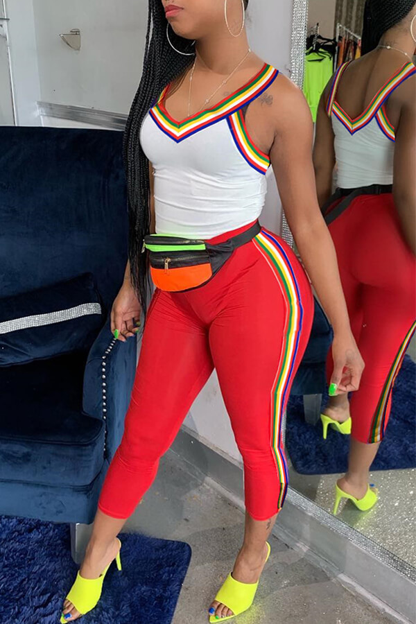 

Lovely Sportswear Patchwork White Two-piece Pants Set