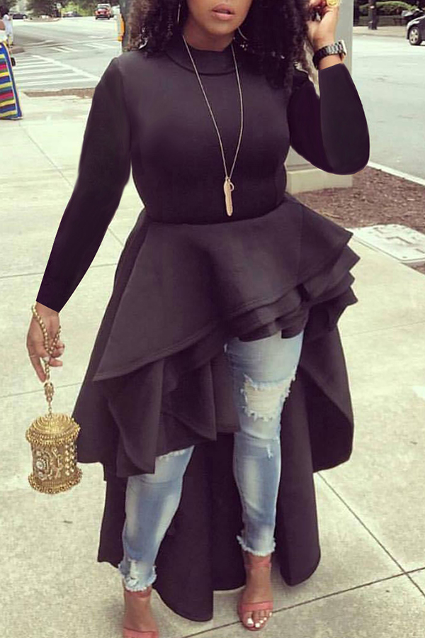 

Lovely Trendy Flounce Design Black Plus Size Blouse