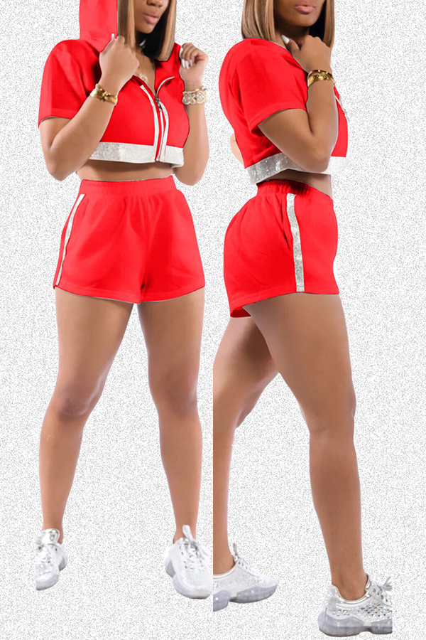 

Lovely Sportswear Patchwork Red Two-piece Shorts Set