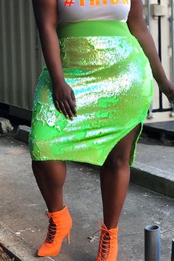 

Lovely Casual Side Slit Green Plus Size Skirt