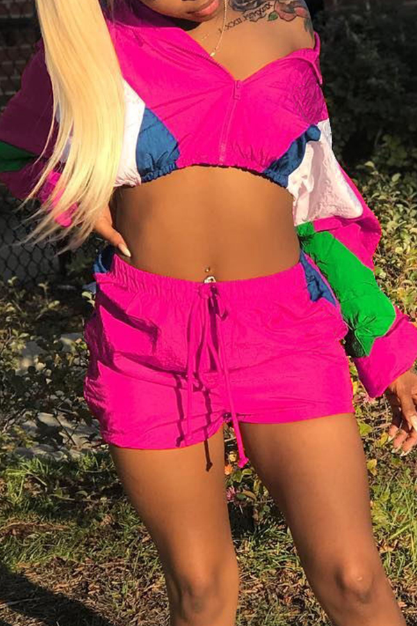 

Lovely Casual Patchwork Rose Red Two-piece Shorts Set