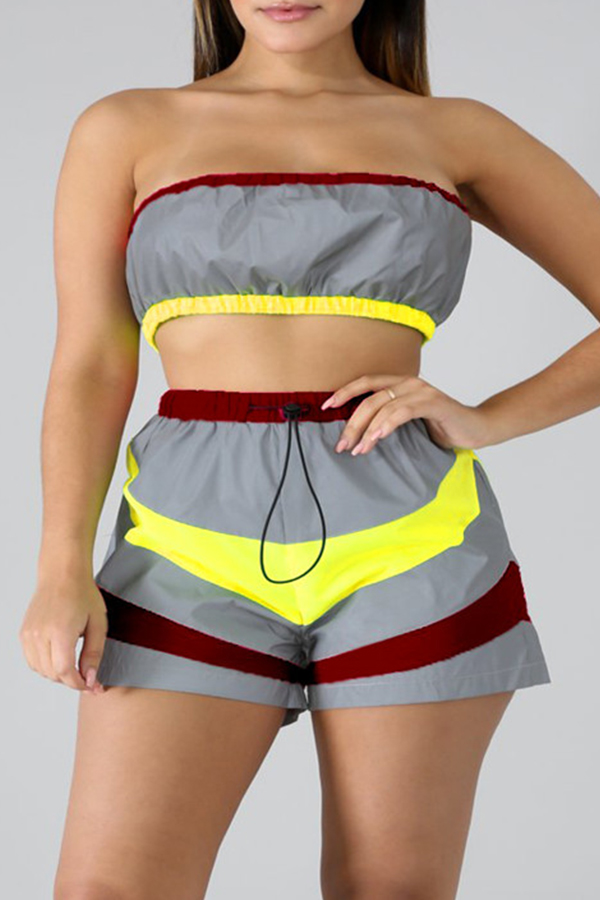 

Lovely Leisure Patchwork Yellow Two-piece Shorts Set