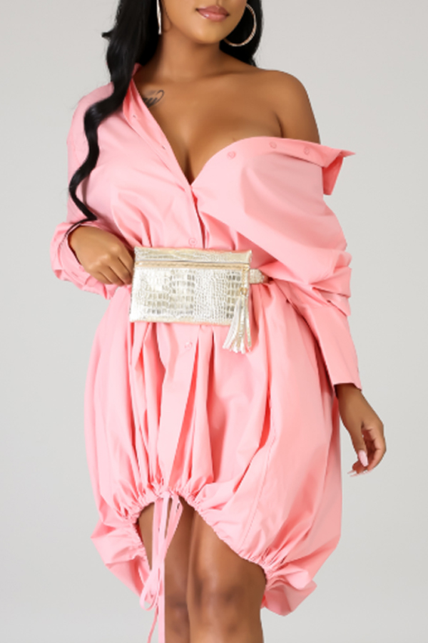 

Lovely Sweet Buttons Design Pink Knee Length Dress
