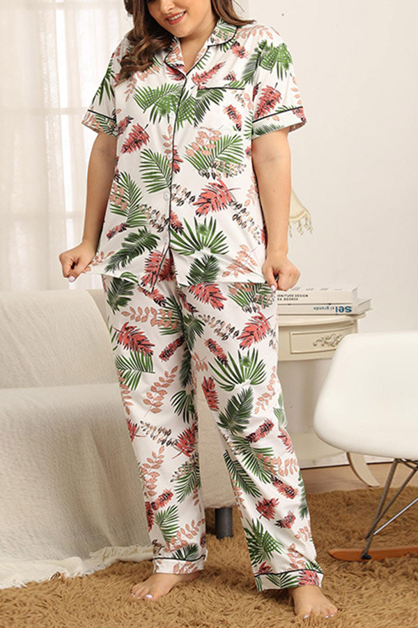 

Lovely Leisure Plants Print White Plus Size Two-piece Pants Set