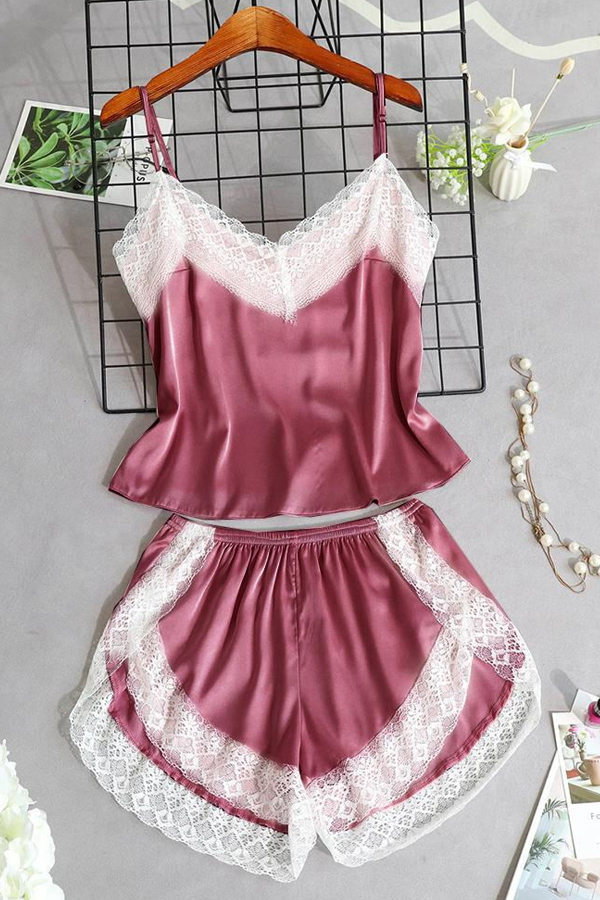 

Lovely Sexy Lace Patchwork Cameo Brown Sleepwear