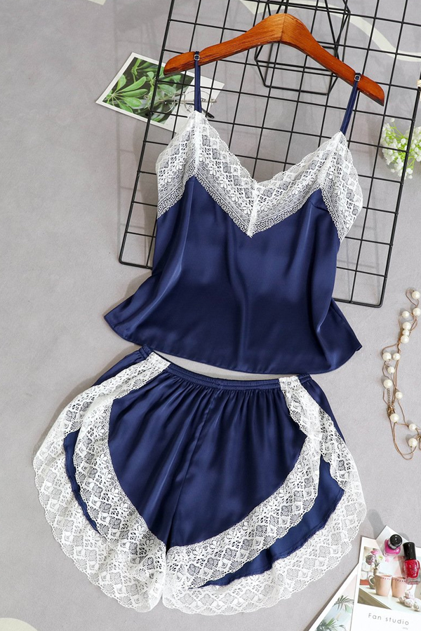 

Lovely Sexy Lace Patchwork Navy Blue Sleepwear
