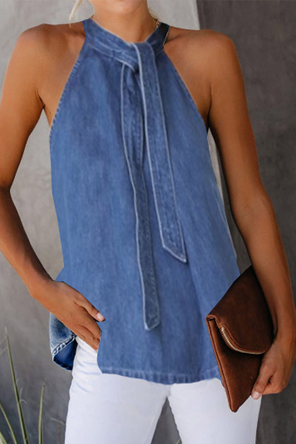 

Lovely Trendy Lace-up Blue Camisole