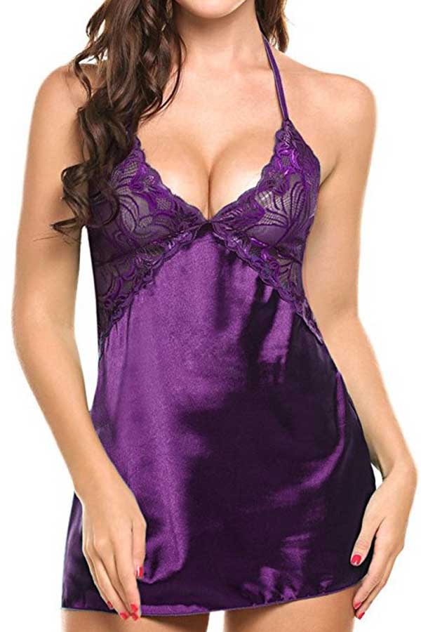 

Lovely Sexy Lace Hem Purple Babydolls