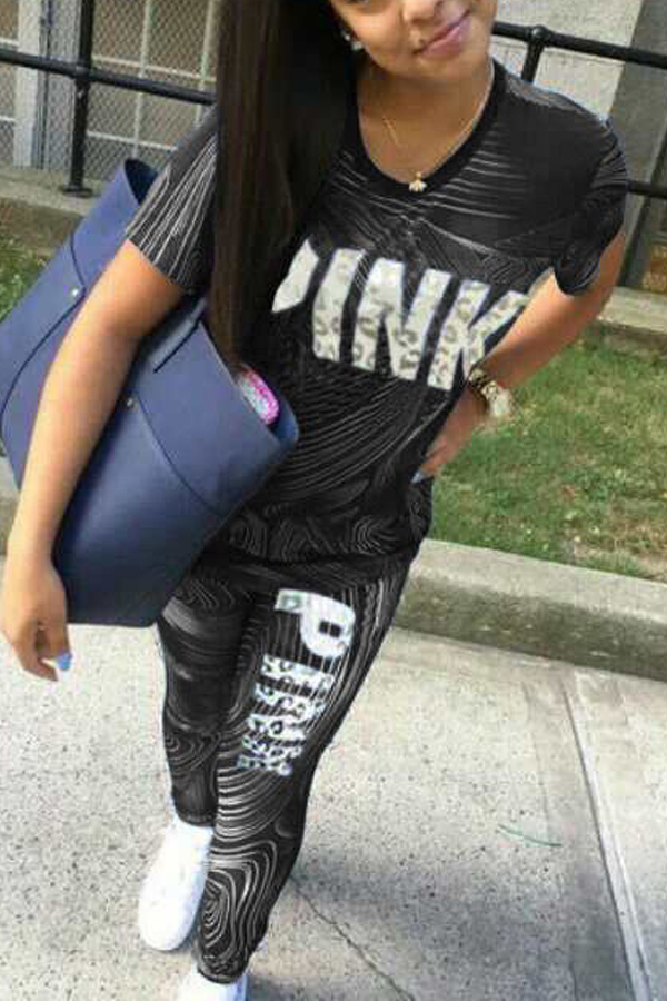 

Lovely Leisure Letter Print Black Two-piece Pants Set