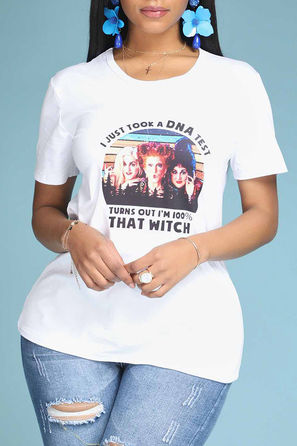 

Lovely Casual O Neck Print White T-shirt