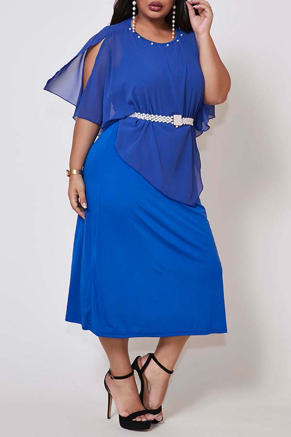 

Lovely Trendy Patchwork Blue Mid Calf Plus Size Dress