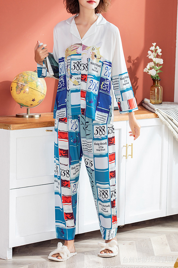 

Lovely Casual Print Blue Sleepwear
