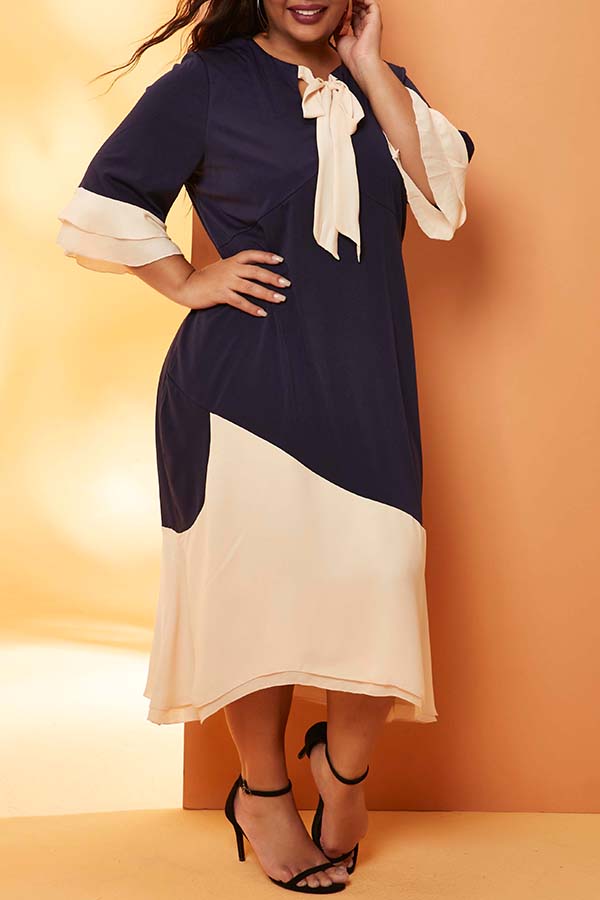 

Lovely Casual Patchwork Dark Blue Mid Calf Plus Size Dress