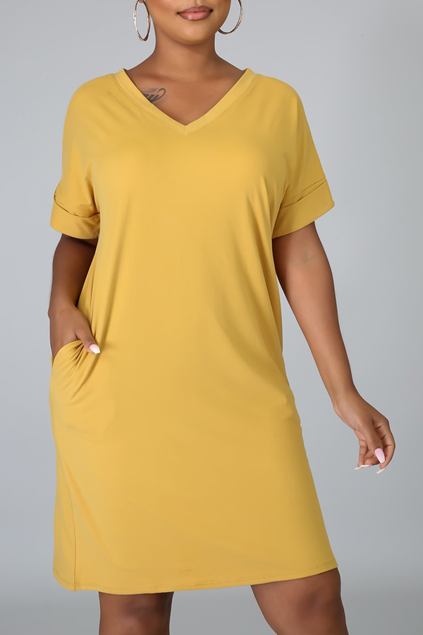 

Lovely Casual V Neck Basic Yellow Knee Length T-shirt Dress