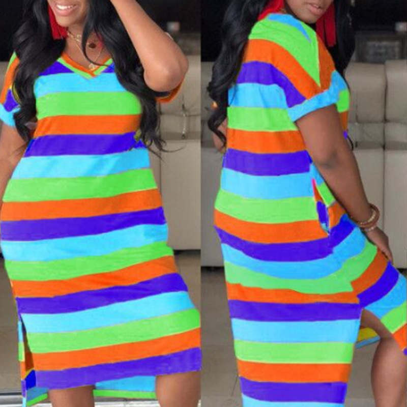 

Lovely Leisure V Neck Striped Blue Mid Calf T-shirt Dress, Blue stripe