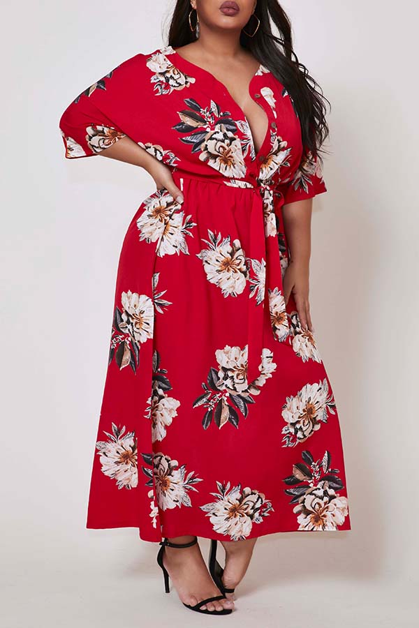

Lovely Trendy Print Red Ankle Length Plus Size Dress