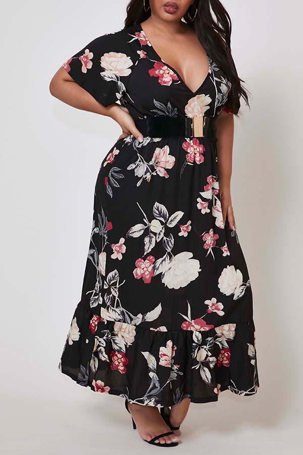 

Lovely Bohemian Deep V Neck Print Black Ankle Length Plus Size Dress