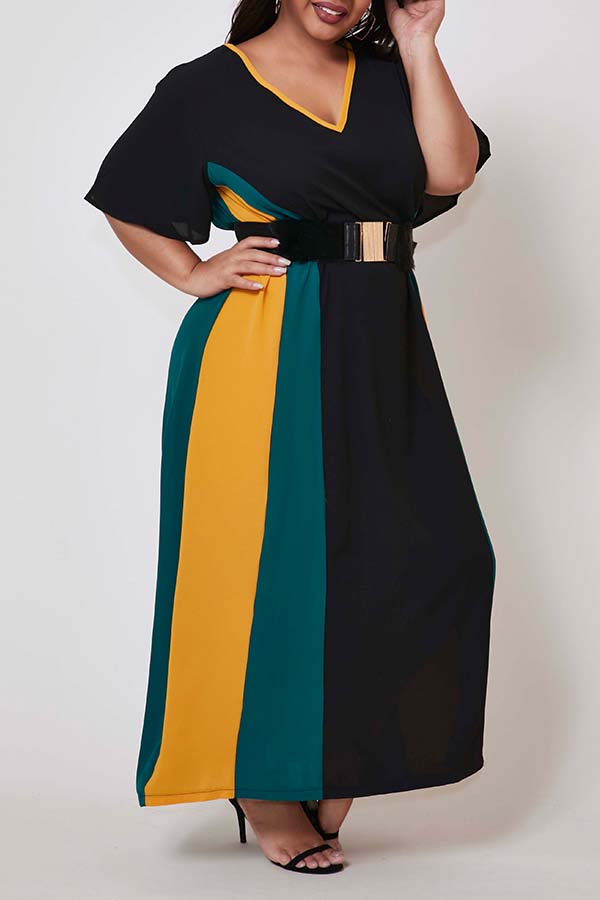 

Lovely Trendy V Neck Patchwork Black Ankle Length Plus Size Dress