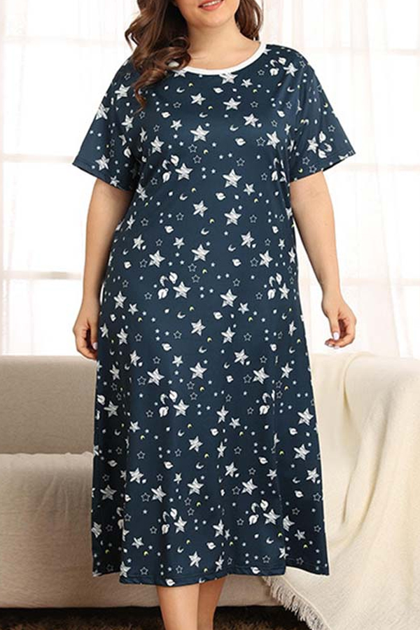 

Lovely Casual O Neck Print Green Mid Calf Plus Size Dress