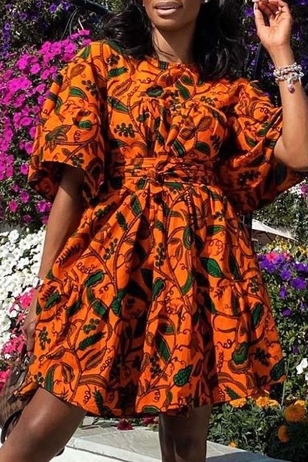 

Lovely Casual Print Orange Knee Length Dress