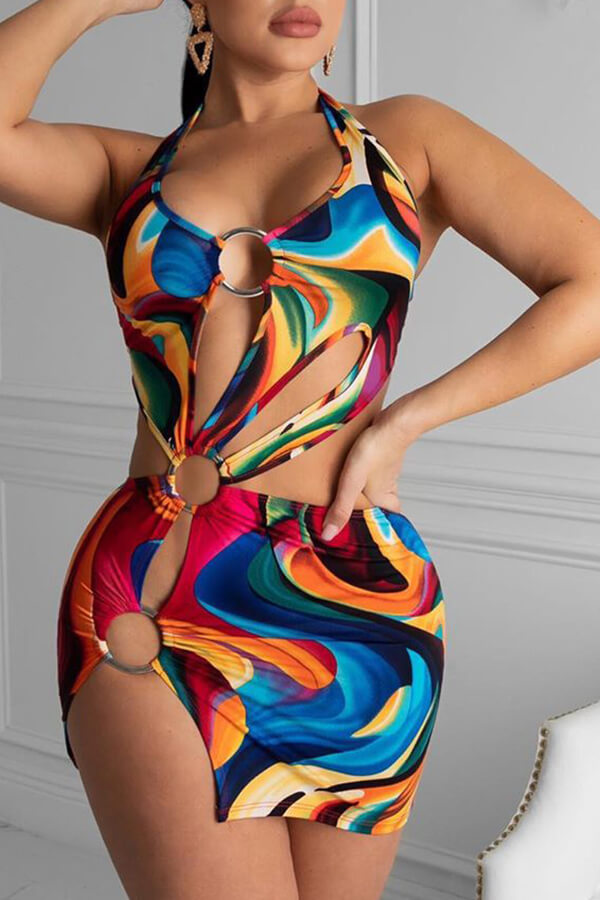 

Lovely Sexy O Neck Hollow-out Multicolor Mini Dress, Multi