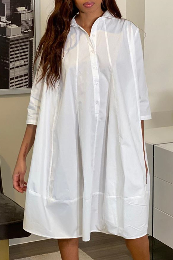 

Lovely Sweet Buttons Design White Knee Length Dress