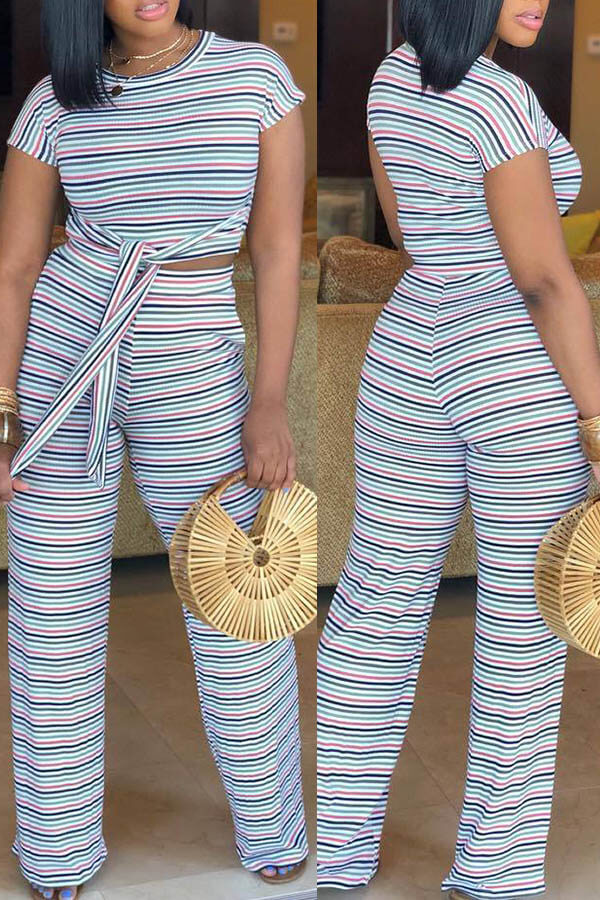 

Lovely Casual Striped Print Blue Two-piece Pants Set