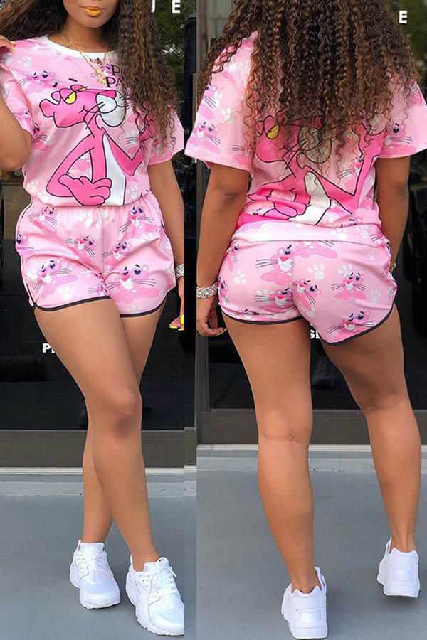 

Lovely Casual Cartoon Print Pink Two-piece Shorts Set