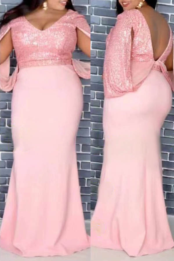 

Lovely Trendy Patchwork Pink Maxi Plus Size Dress