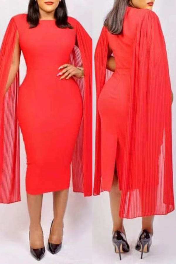 

Lovely Casual O Neck Patchwork Red Knee Length Plus Size Dress