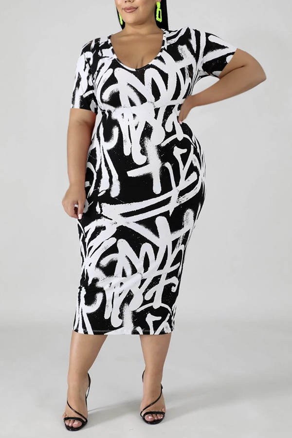 

Lovely Casual Print Black Mid Calf Plus Size Dress