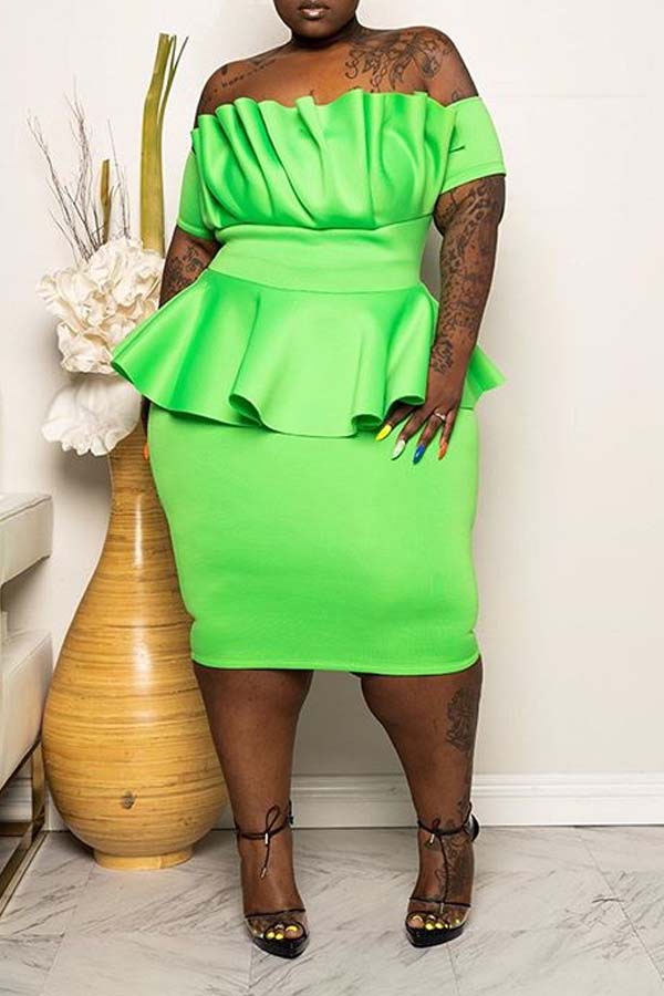

Lovely Stylish Flounce Design Green Knee Length Plus Size Dress