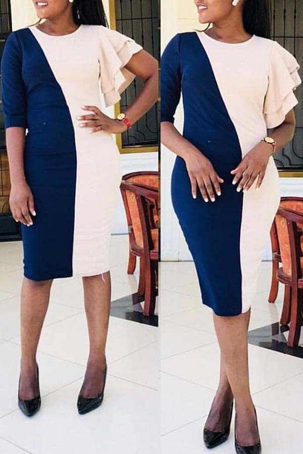 

Lovely Casual Patchwork Dark Blue Knee Length Plus Size Dress
