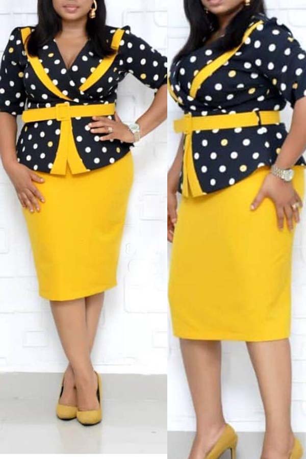 

Lovely Stylish Dot Print Yellow Plus Size Two-piece Skirt Set
