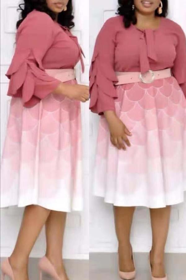 

Lovely Casual Patchwork Pink Mid Calf Plus Size Dress