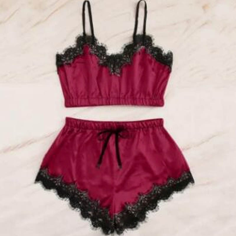 

Lovely Sexy Lace Hem Wine Red Sleepwear