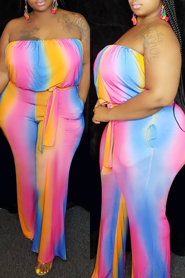 

Lovely Trendy Dew Shoulder Tie-dye Multicolor Plus Size One-piece Jumpsuit, Multi
