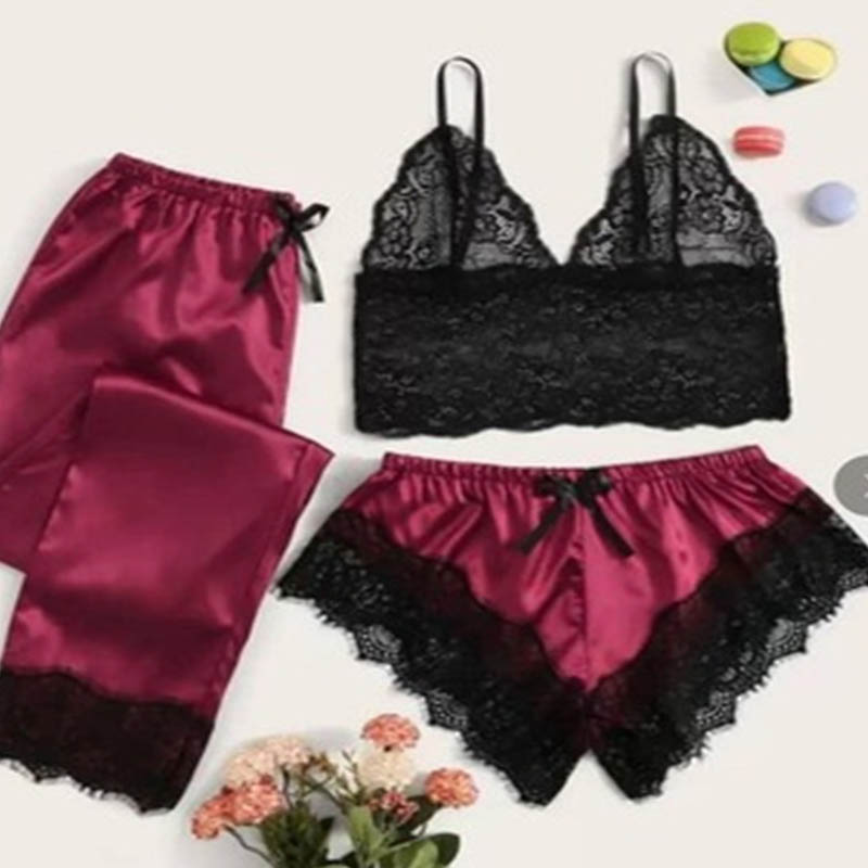 

Lovely Sexy Lace Hem Wine Red Sleepwear