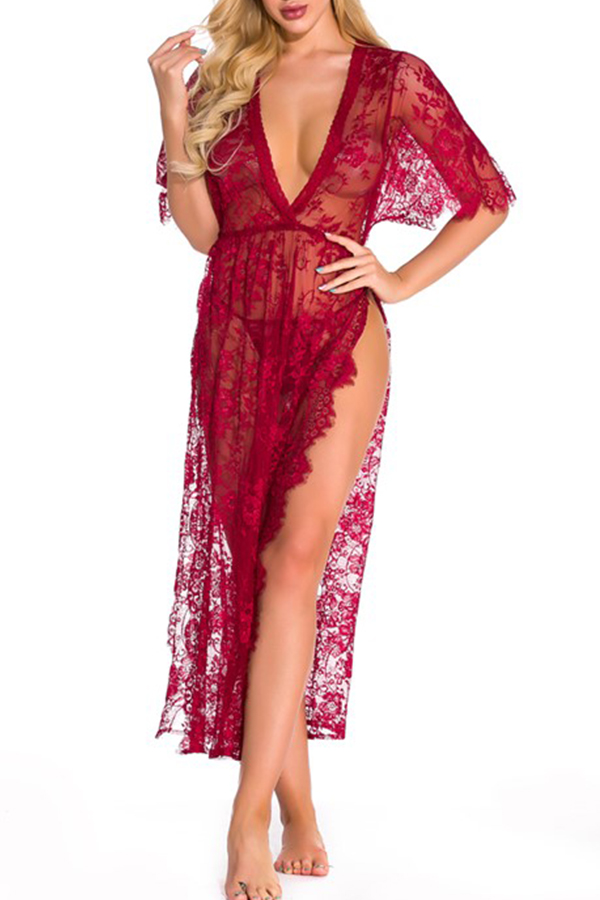 Lovely Sexy Lace See-through Wine Red Gowns